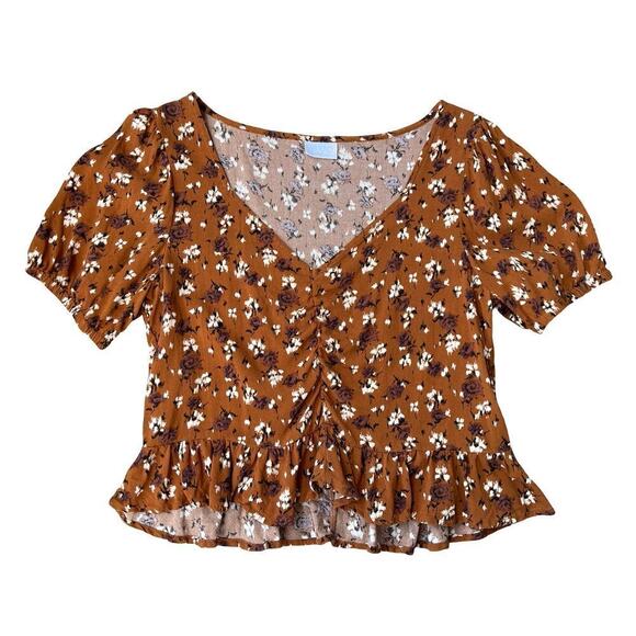 Abound Floral Peplum Brown White High Low Hem Short Sleeve Top – Size Small - Picture 2 of 9